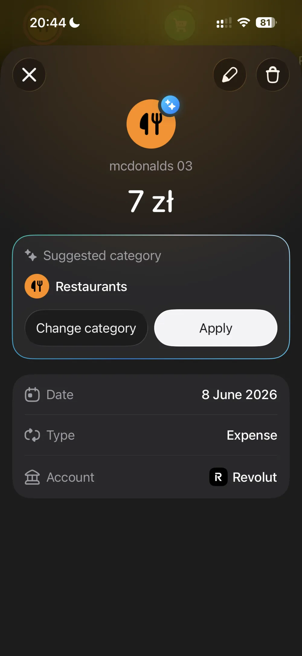The transaction detail: AI has suggested the Restaurants category, with Apply or Change, on the Revolut account.